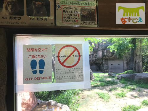 展示場でのソーシャルディスタンス等の呼びかけパネル（ライオン舎前）